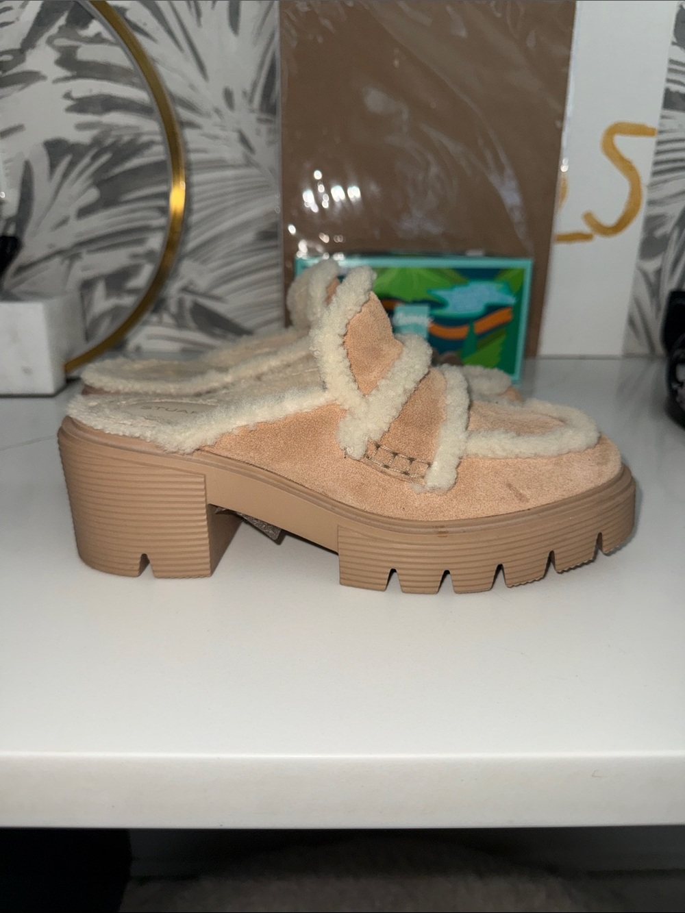 Stuart Weitzman Tan Suede Shearling-Trim Lug Mule 37